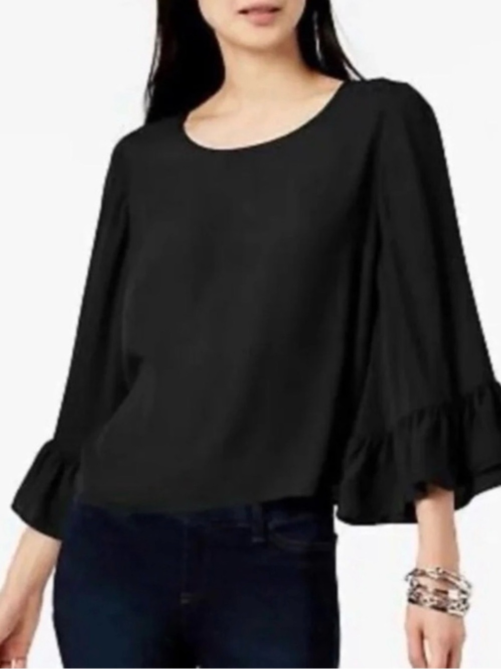 Anthropologie DREW Black Ruffle-Cuff Peasant Blouse